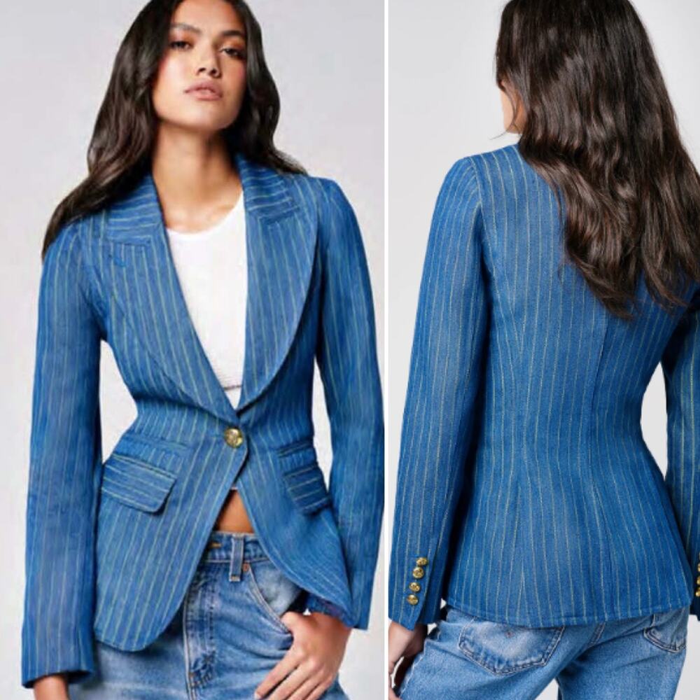 SMYTHE Hutton Denim Stripe Blazer Pinstripe One Button Jacket Size 4